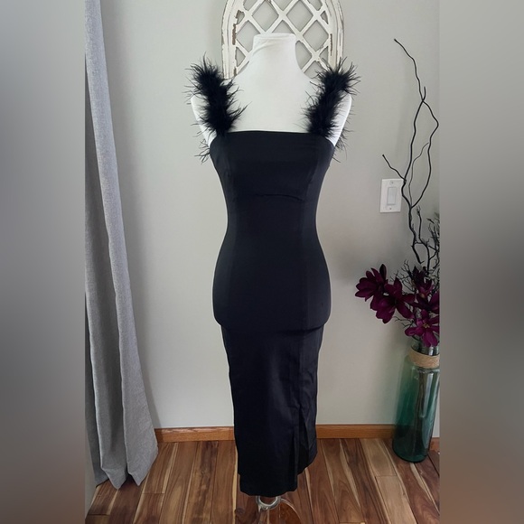 STAUD Romy Feather Strap PencilSlim Midi Dress In Black Size 2 - Picture 4 of 16